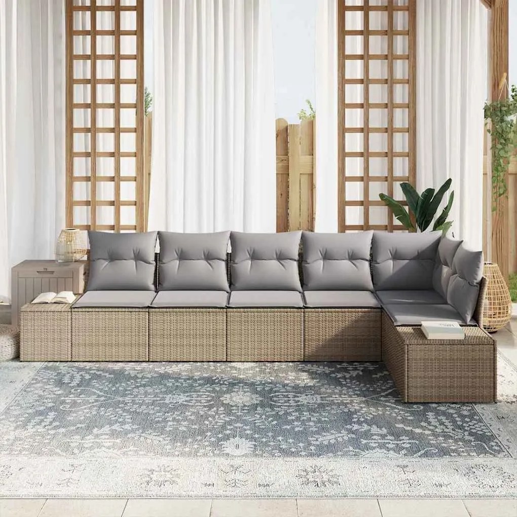 Conjunto de Sofá Garden 6 Peças com Almofadas Bege Rattan Poliéster