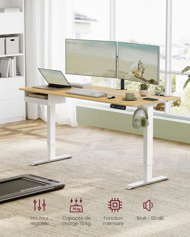 Mesa de escritório com altura ajustável e gaveta | VASAGLE | 160 x 70 x 120 cm | LSD116N01.
