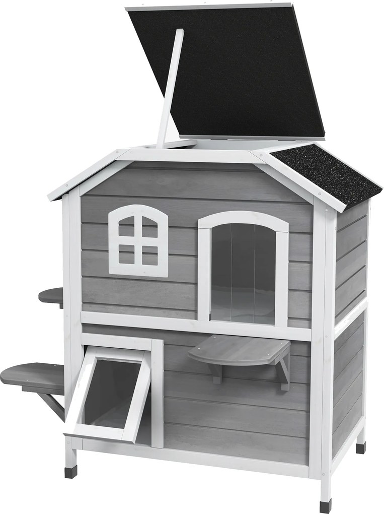 Casa Exterior para Gatos, 99,5 x 76 x 91 cm, Telhado de Abrir, Cinzento