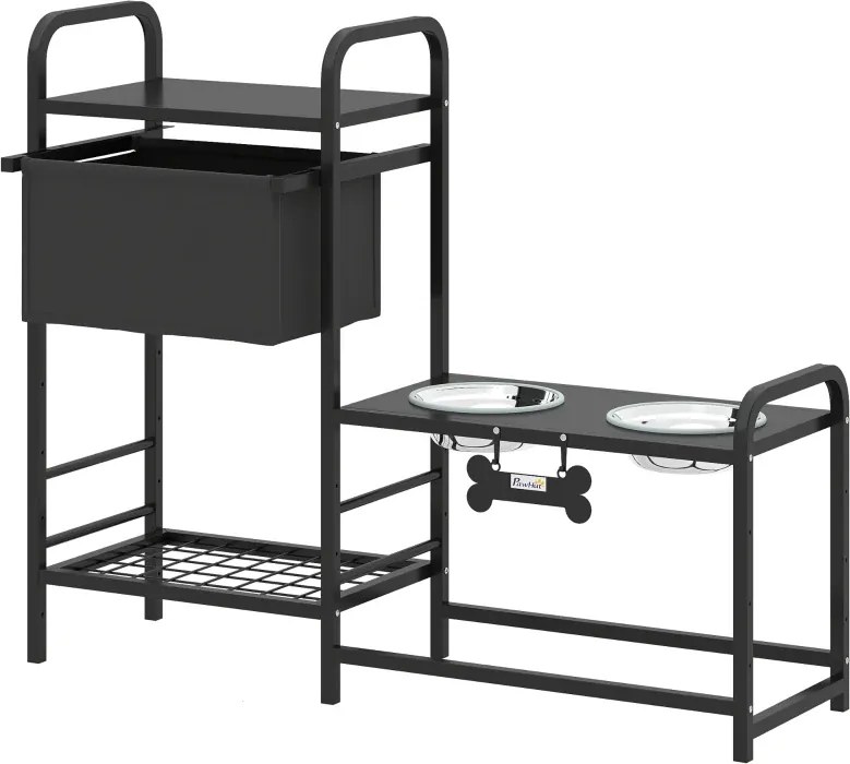 Comedouro Elevado para Cães com Gaveta em Tecido 2 Taças de Aço Inoxidável 2x800 ml 89,5x27x74 cm Altura Ajustável 2 Prateleiras Preto