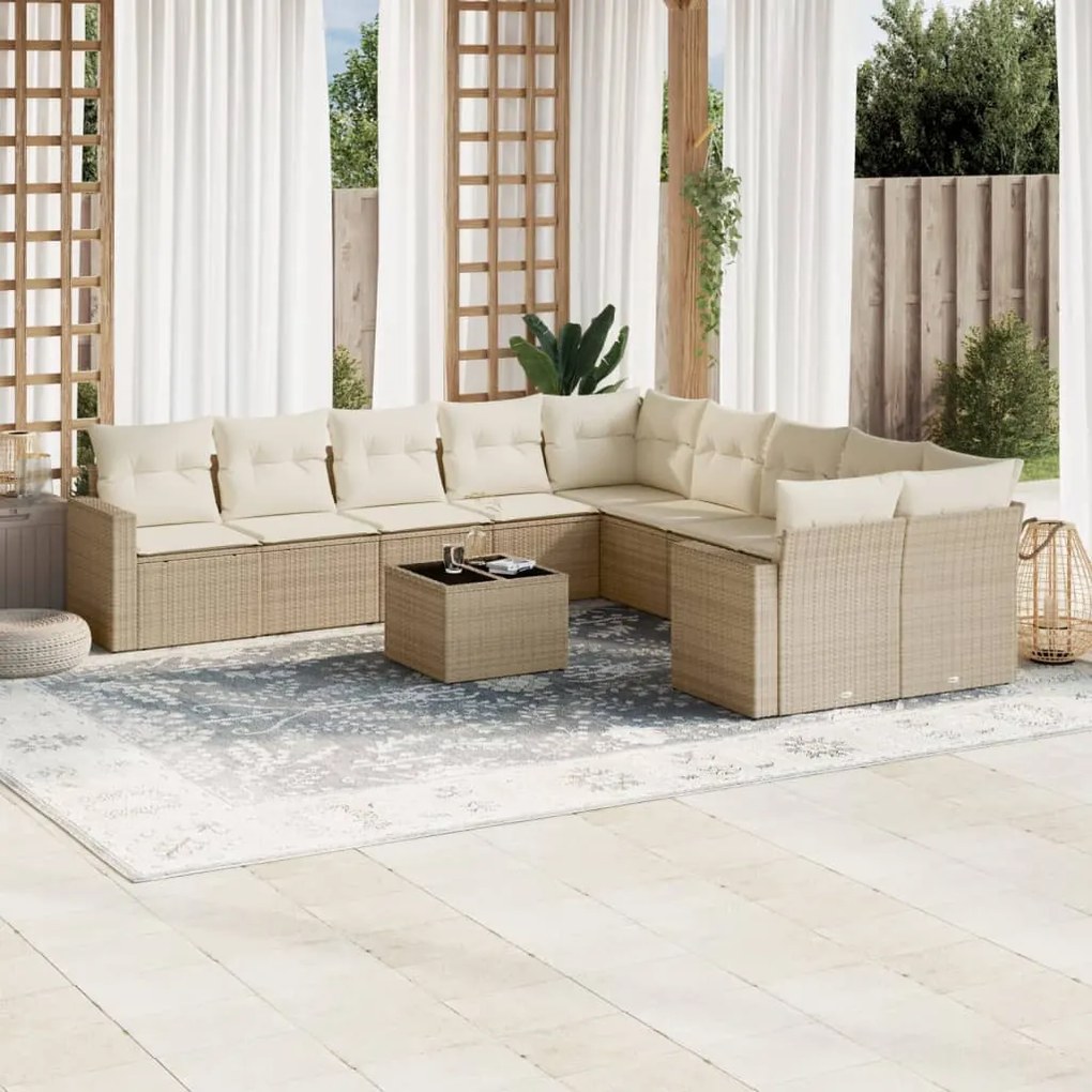 11 pcs conjunto sofás de jardim c/ almofadões vime PE bege