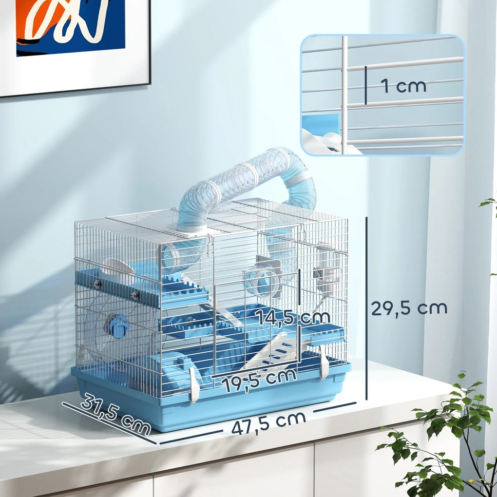 Gaiola portátil para hamster com casinha, roda de exercício, comedouro, garrafa de água, 47,5 x 31,5 x 29,5 cm, azul claro