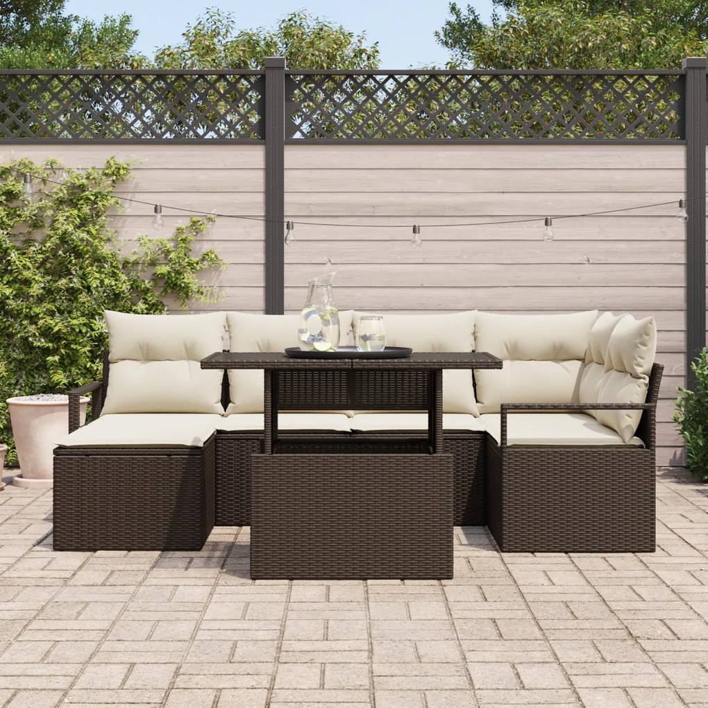 Conjunto de Sofá de Jardim de 7 Peças com Almofadas Castanho de Rattan