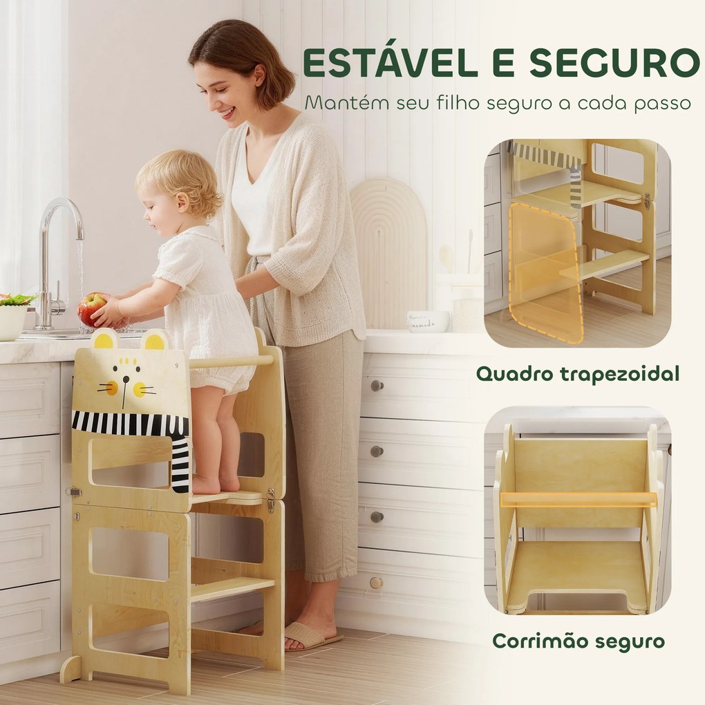 Torre de Aprendizagem 3 em 1 Dobrável Conversível em Secretária e Cadeira com Quadro Estampado de Gatos Madeira