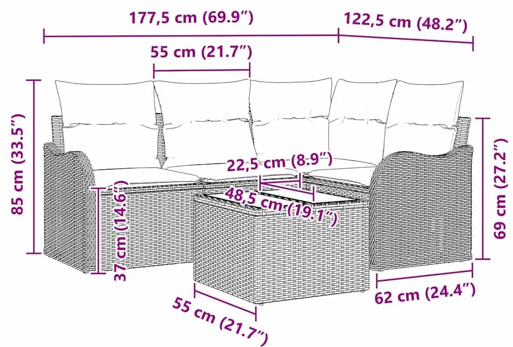 Conjunto de Sofás de Jardim de 5 Peças com Almofadas Pretas de Rattan