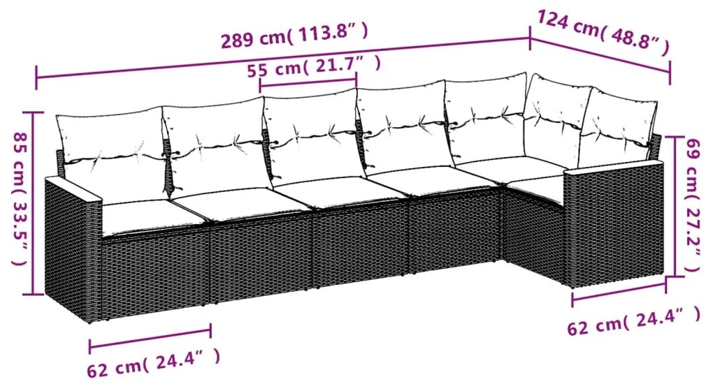 6 pcs conjunto sofás de jardim com almofadões vime cinzento