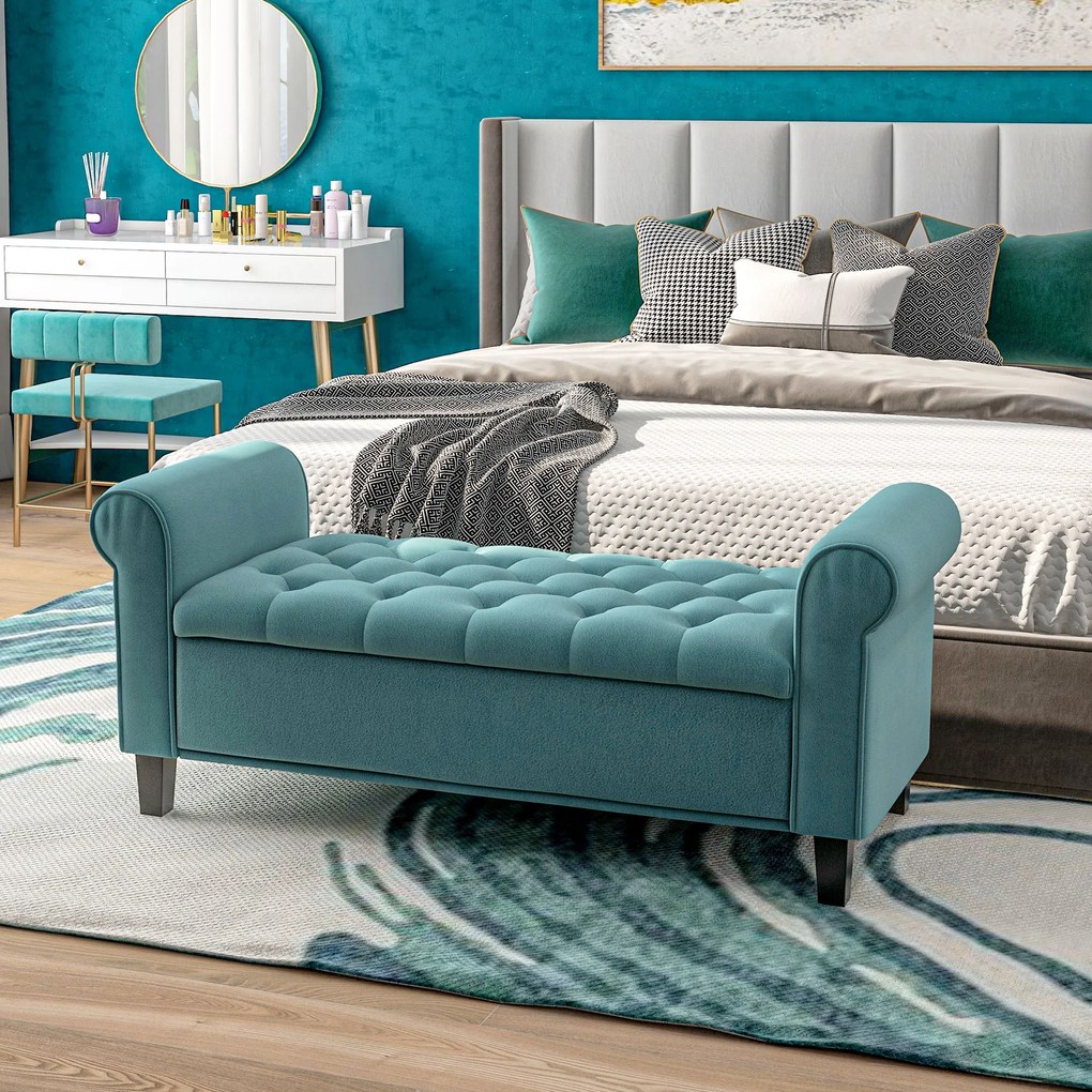 Banco de arrumação para colocar ao pé da cama com braços, tecido de veludo estofado e capitonado, 126 x 48,5 x 57 cm, verde