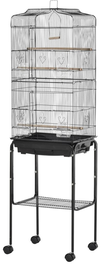 PawHut Gaiola para Passáros com Suporte Gaiola Metálica de Aves Canários com 4 Rodas Portas 4 Comedouros 3 Poleiros Bandeja Removível e Prateleira Inferior 46,5x36x157cm Preto