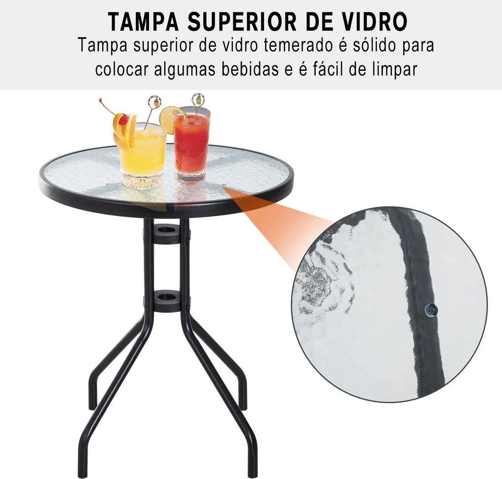 Conjunto de Mesa e 2 Cadeiras Cadeira Dobrável Encosto Reclináveis a 4 Níveis Armação de Aço Castanho