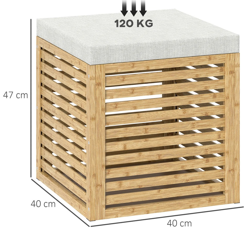 Banco com Armazenamento 57,7L Banco com Arrumação Estofado em Linho Sintético com Estrutura em Bambu 40x40x47 cm Cinza e Madeira