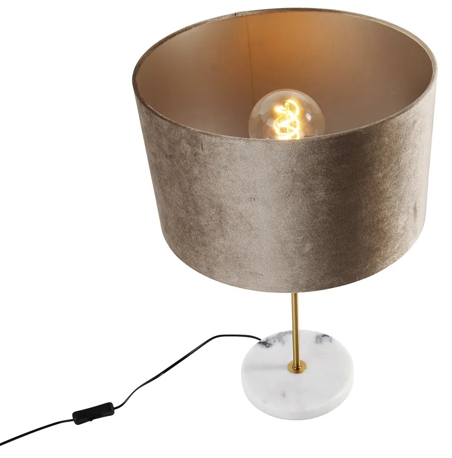 Candeeiro de mesa latão com abajur de veludo bege acinzentado 35cm - Kaso Clássico / Antigo