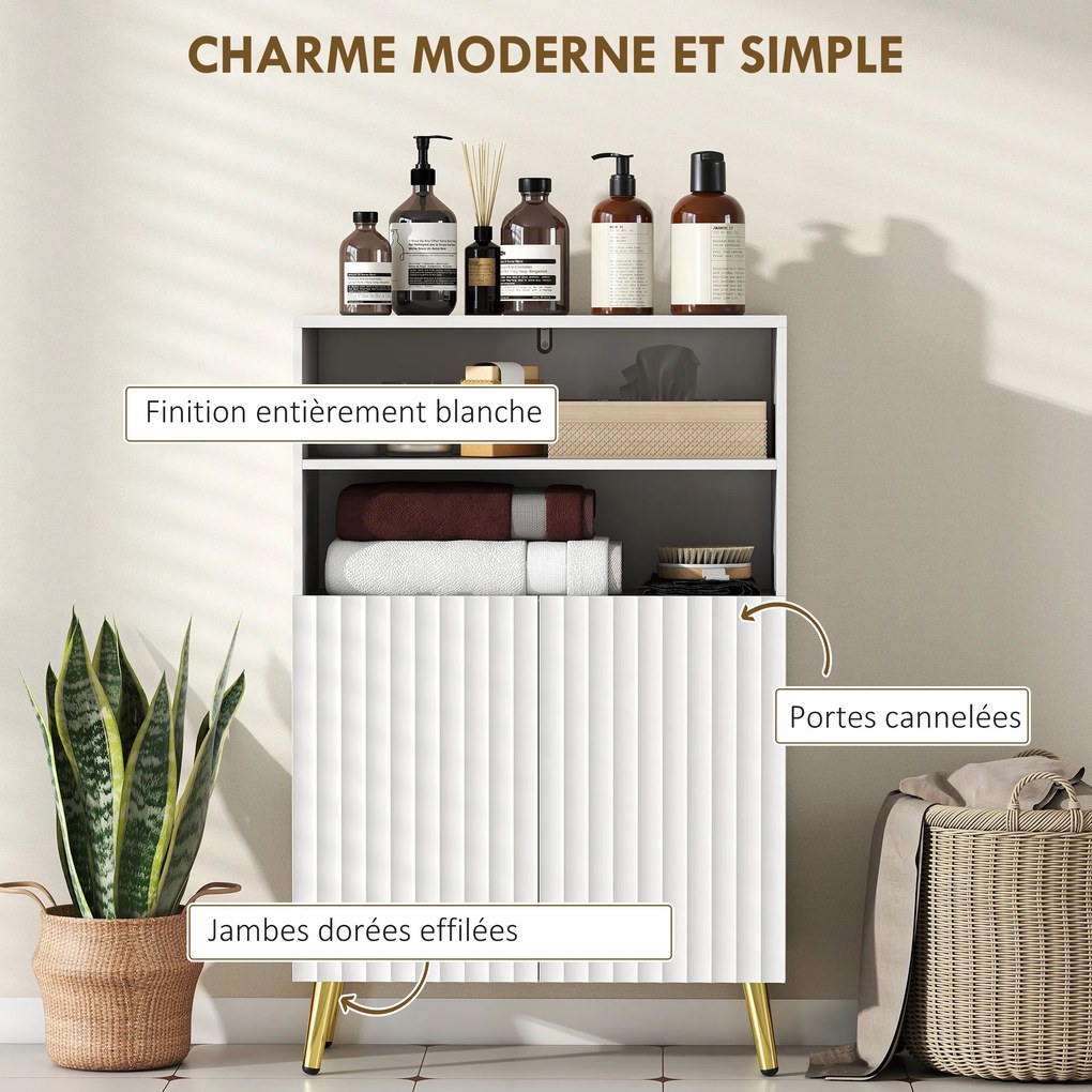 Móvel de casa de banho 60 x 31,8 x 93 cm, armário estreito de casa de banho com 5 prateleiras, portas caneladas com fecho suave, branco