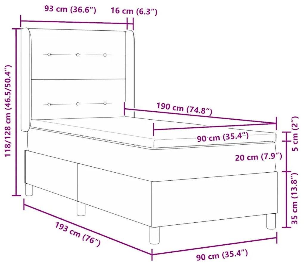 Cama Box Spring com Colchão Cinza Escuro 90x190 cm Veludo