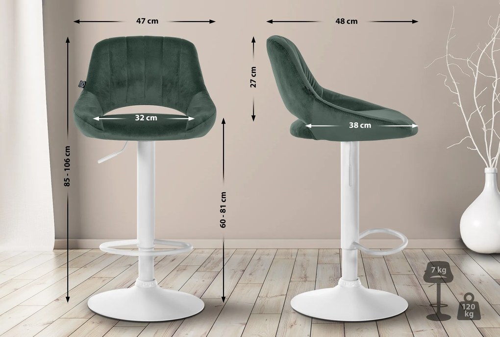 Banco alto Milet em veludo com estrutura branca 85-106 x 47 x 48 cm Verde