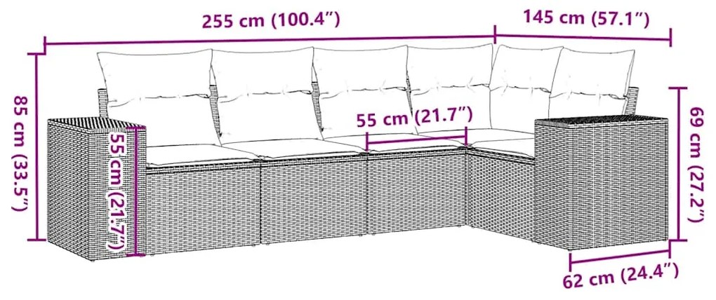 5 pcs conj. sofás jardim c/ almofadões vime PE cinzento-claro