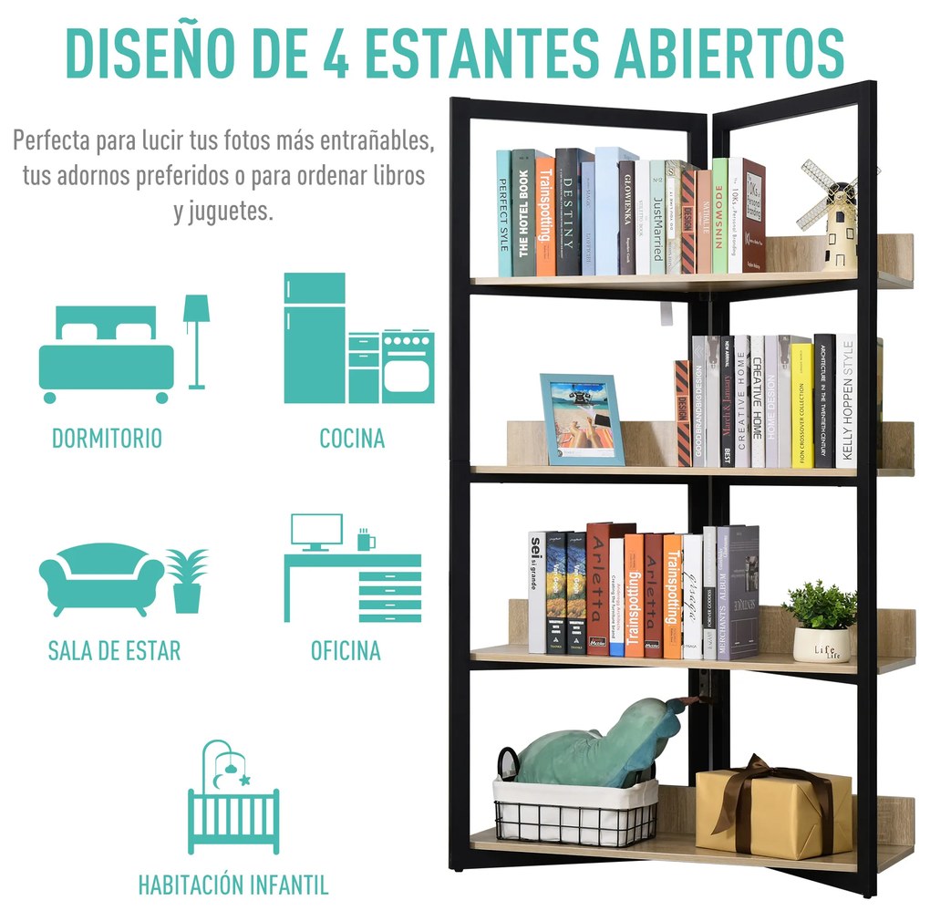 HOMCOM Estante de 4 Níveis Estante de Estilo Industrial com Grande Espaço de Armazenamento Sistema Anti-Tombo 90x39x160cm Preto e Carvalho