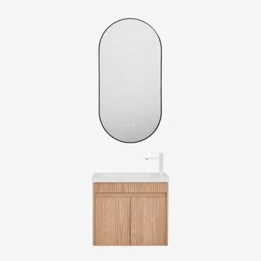 Conjunto De Móvel De Casa De Banho Suspenso Em Madeira Com Lavatório Integrado Narek Castanho Fresno & Ovale Led E Antifog Preto 50x100 Cm - Sklum