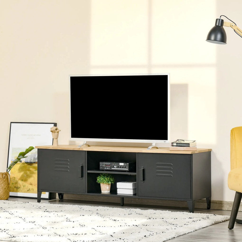 Móvel de TV 150 x 40 x 50 cm para televisores de 55'' com 2 armários, pés ajustáveis, preto e tampo em cor natural