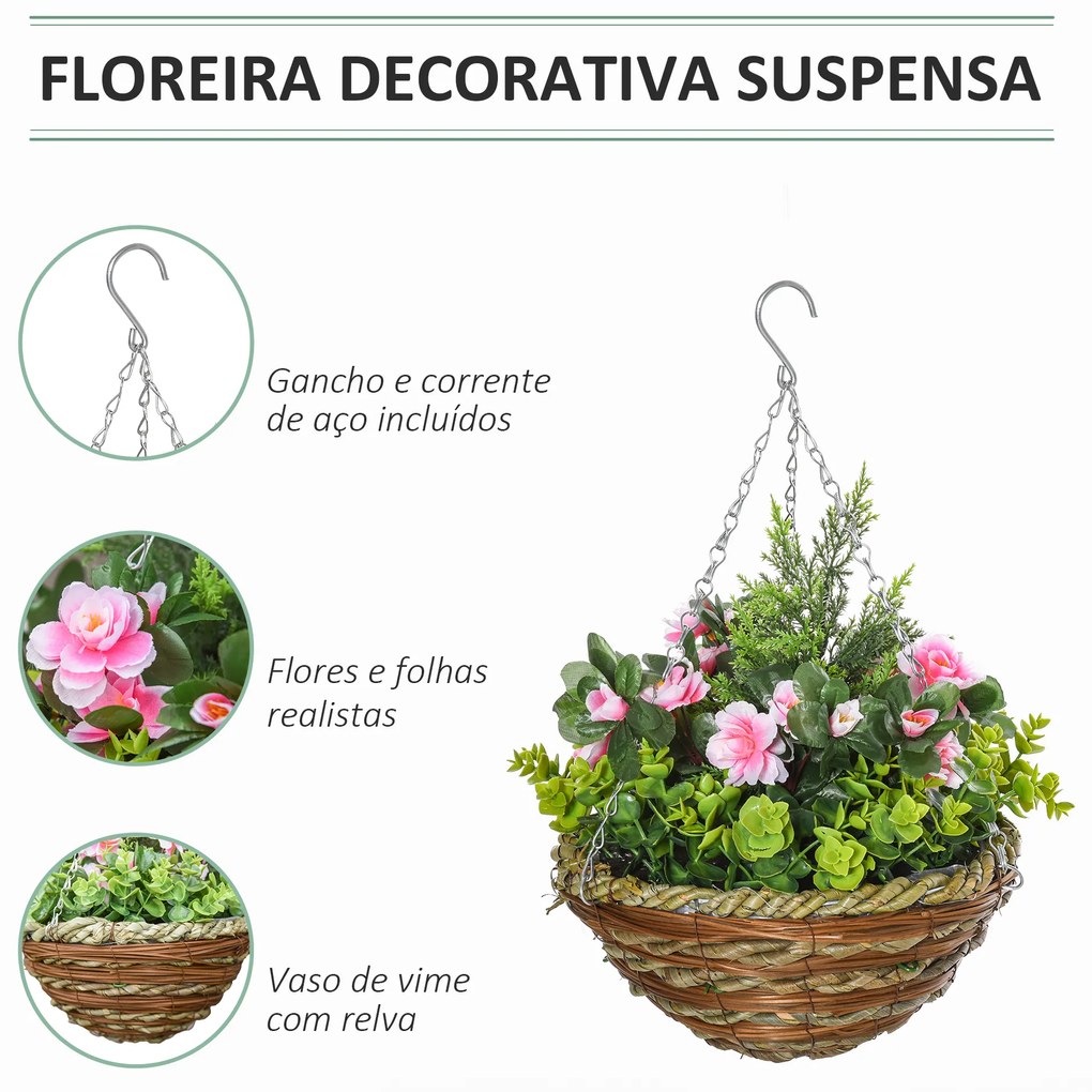 Conjunto de 2 Plantas Lisianthus Suspensas Artificiais para Interior e Exterior com Vaso e Correia Ø25x34 cm Rosa e Verde