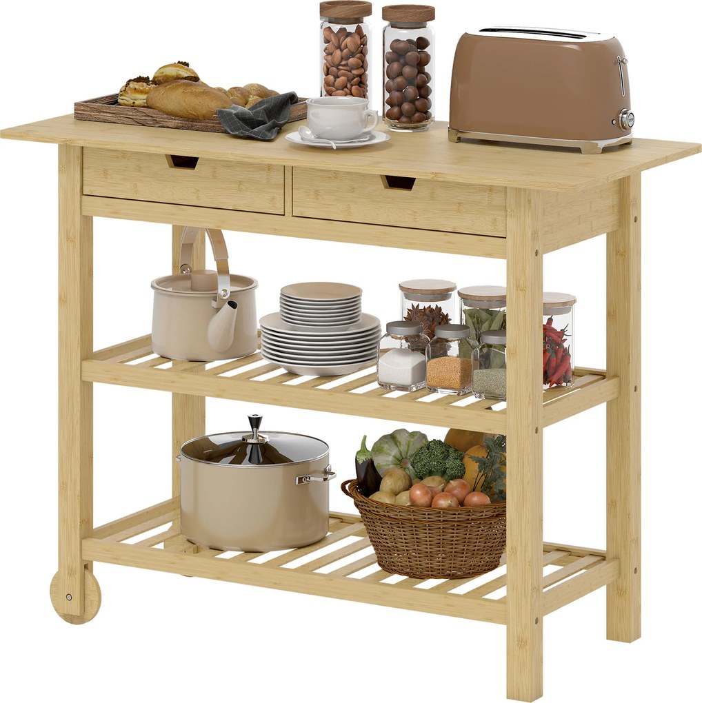 Carrinho de cozinha com rodas em bambu, com 2 gavetas e 2 prateleiras, 100 x 43 x 75 cm, madeira natural