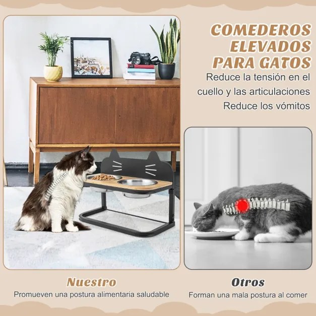 Comedouro de gato elevado Suporte elevado com 2 tigelas de aço inoxidável para comida e água Estrutura de metal com 3 alturas ajustáveis