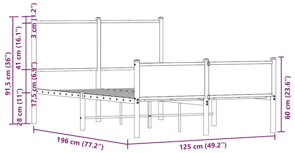 Estrutura de cama sem colchão 120x190 cm metal carvalho sonoma