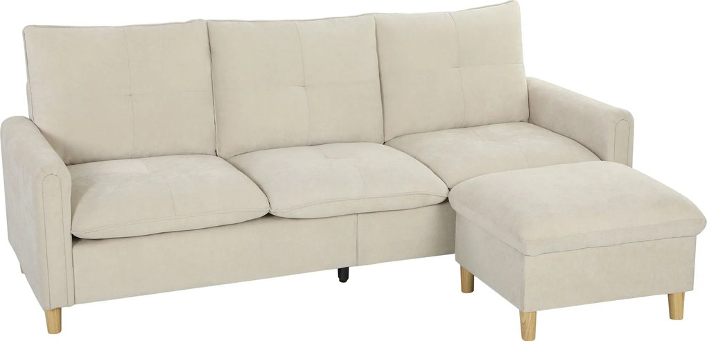 HOMCOM Sofá 3 lugares com pufe de arrumação, sofá de canto modular 210 cm, assento amplo, tecido efeito linho, creme | Aosom Portugal