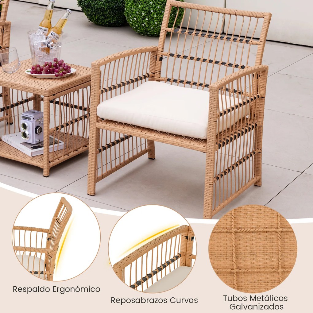 Conjunto de jardim exterior de 5 peças: mesa e cadeiras de rattan PE com almofadas macias, mesa de centro de 2 níveis e 2 Pufes, cor natural e almofad
