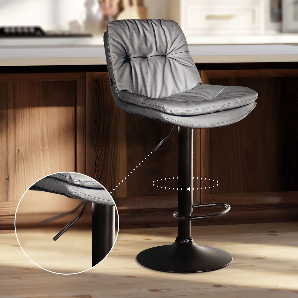 Banco de bar em couro sintético com estrutura preta 92-113 x 46 x 54 cm cinzento