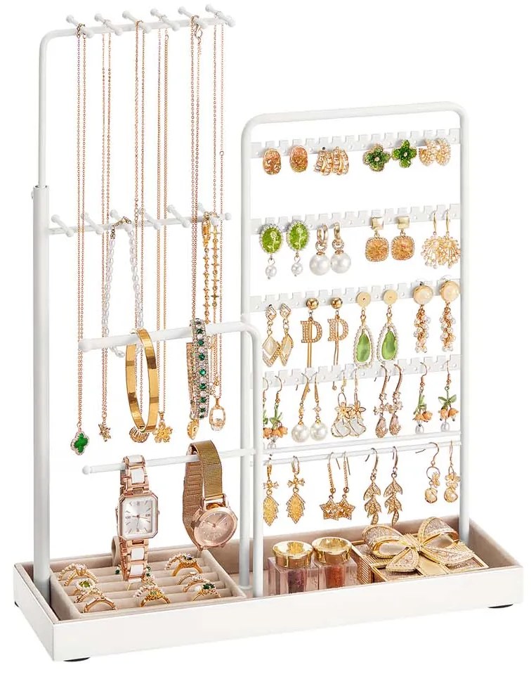 Suporte para joias em metal com bandeja em veludo 10 x 30,6 x (30,9-47,5) cm branco