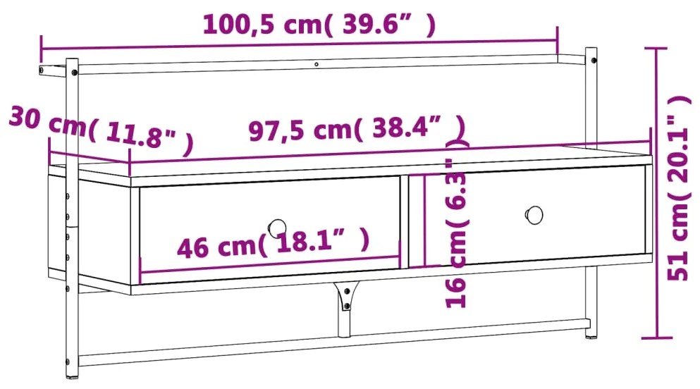 Móvel TV de parede 100,5x30x51cm deriv. madeira cinzento sonoma
