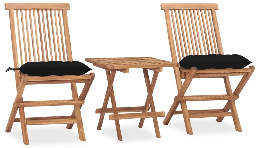 vidaXL 3 pcs conj. jantar dobrável exterior c/ almofadão teca maciça