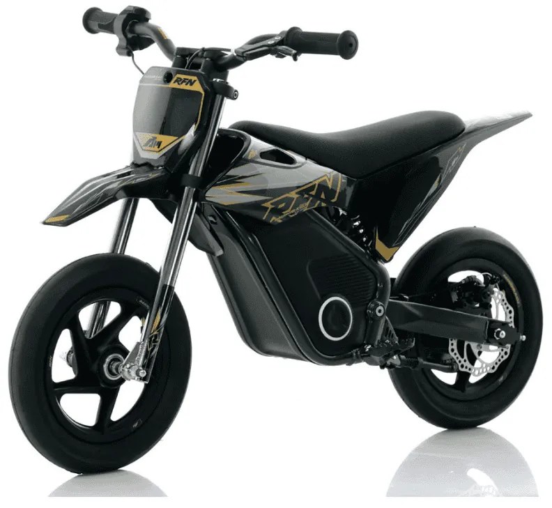 Mini moto eléctrica velocidade até 13 Km/h C/Limitador RFN Warrior Kids SX-E150 150W 12/12” Supermotard Preto e Dourada