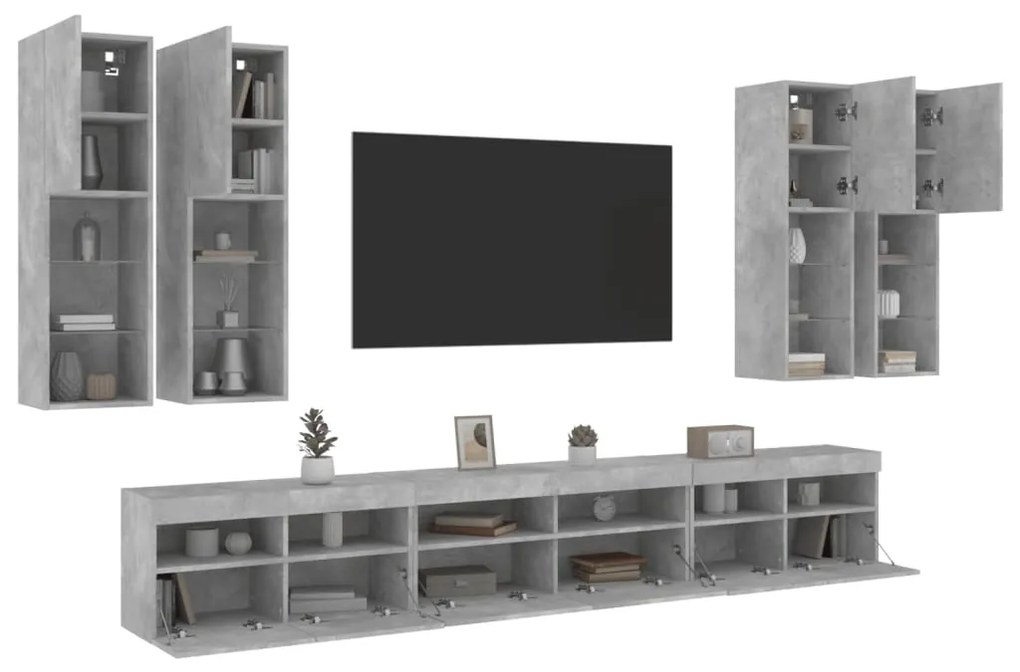 vidaXL 7 pcs conj. móveis de parede p/ TV luzes LED cinzento cimento