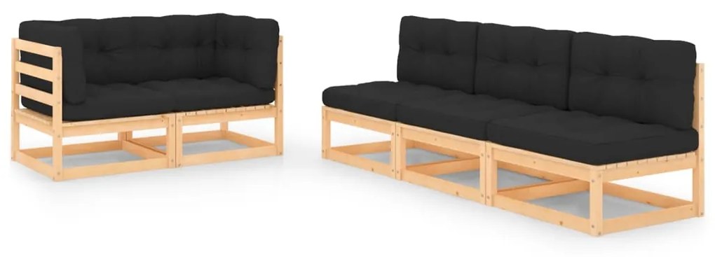 vidaXL 5 pcs conjunto lounge de jardim c/ almofadões pinho maciço