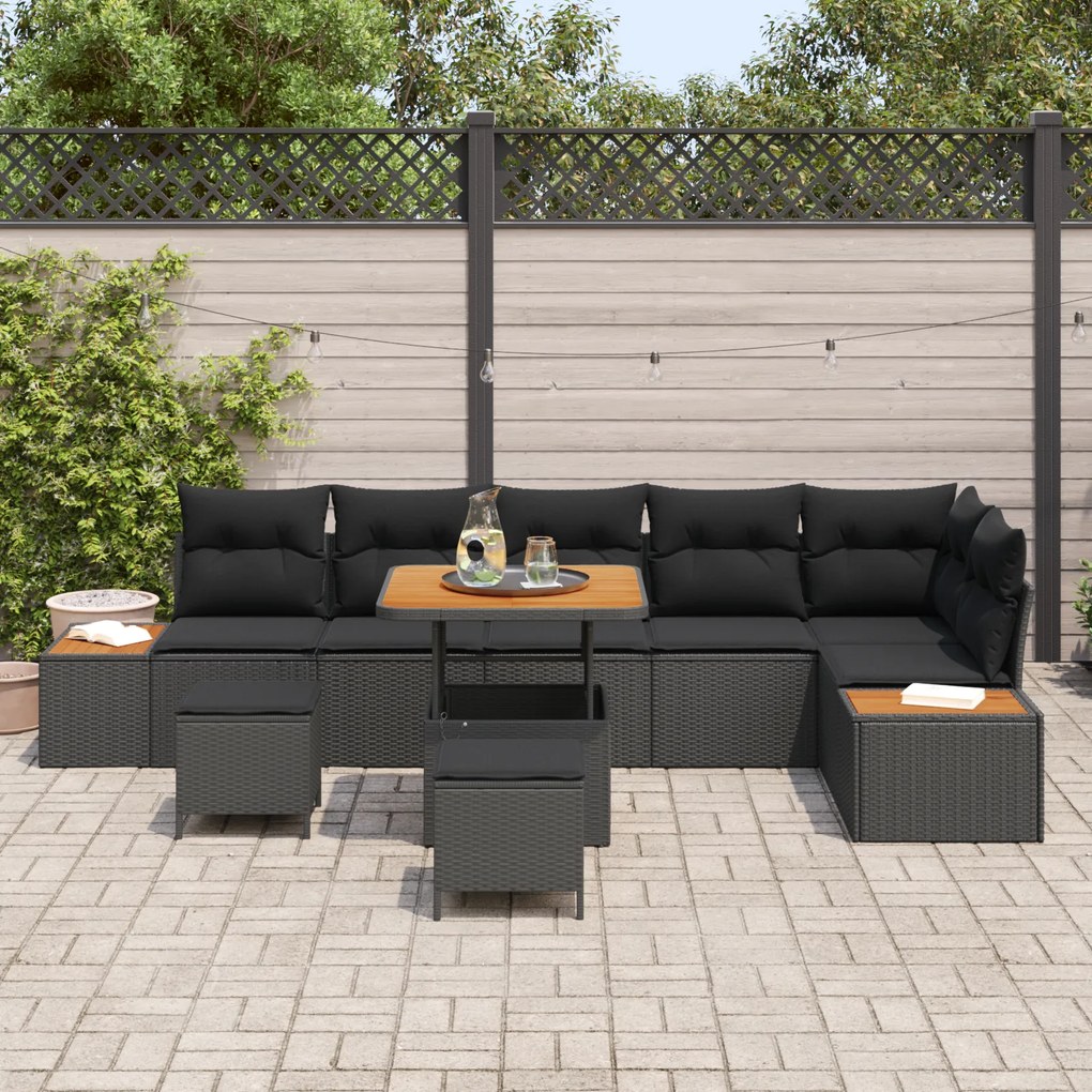 Conjunto de Sofá de Jardim 9 Peças com Almofadas Preto Vime PE Acácia,