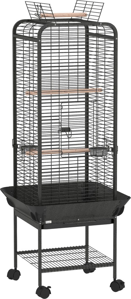 PawHut Gaiola Passaros com Rodas Poleiros Comedouros Prateleira e Bandeja Amovível 62,5x62,5x146 cm Cinza Escuro | Aosom Portugal