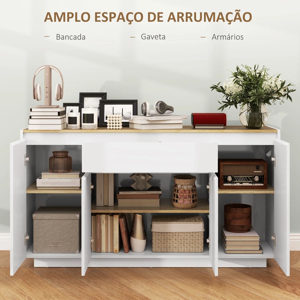 Aparador de Sala de Estar com 4 Portas Gaveta e Prateleiras Ajustáveis 140x40x75 cm Madeira e Branco Brilhante