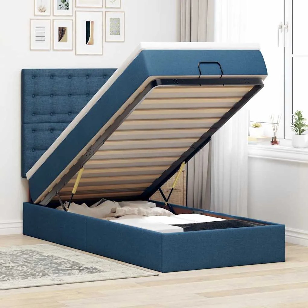 vidaXL Cama otomana com colchão 100x200 cm tecido azul