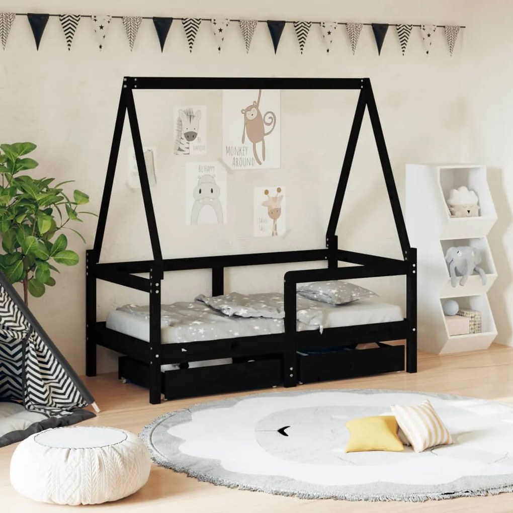 vidaXL Estrutura cama infantil c/ gavetas 70x140 cm pinho maciço preto