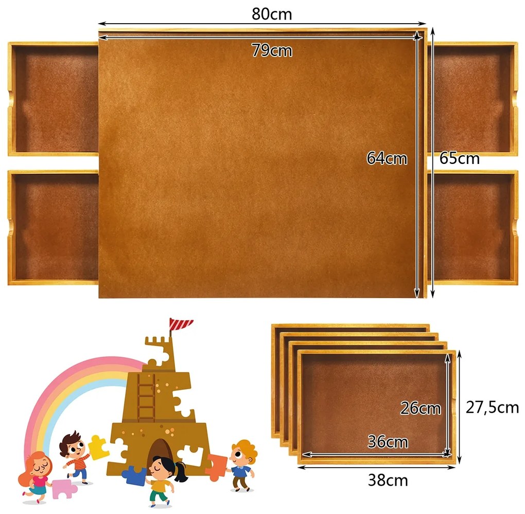 Mesa de puzzle em madeira 1000-1500 peças com superfície lisa e 4 gavetas 80 x 65 x 7 cm