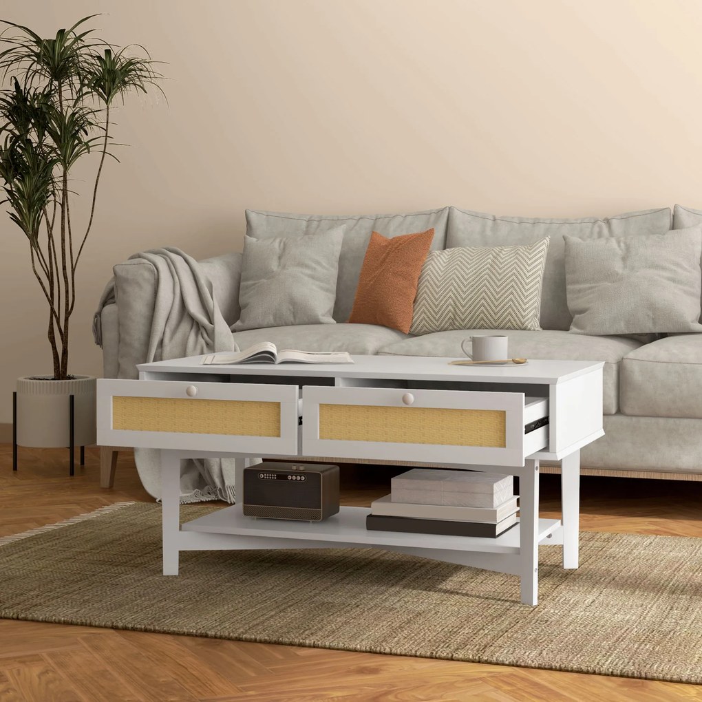 Mesa de Centro com 2 Gavetas Decorativas de Vime e Prateleira Inferior para Sala de Estar Escritório 100x50x50 cm Branco