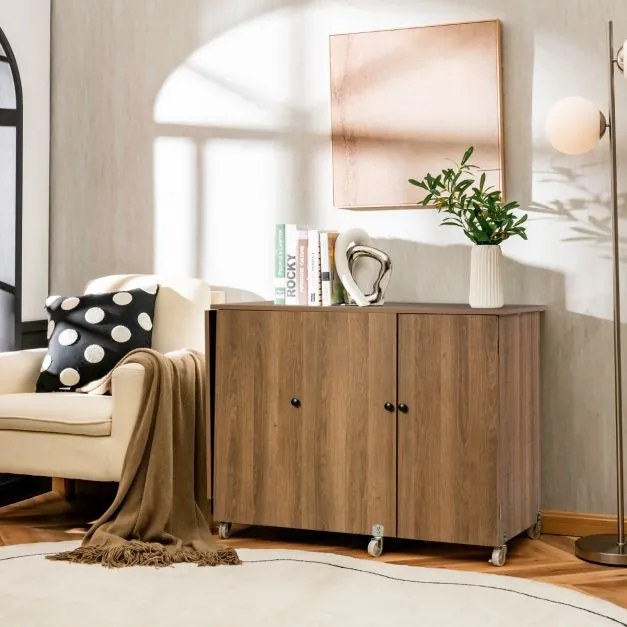 Mesa dobrável de costura rebatível com rodas bloqueáveis e armário com porta 158 x 50 x 75 cm Castanho