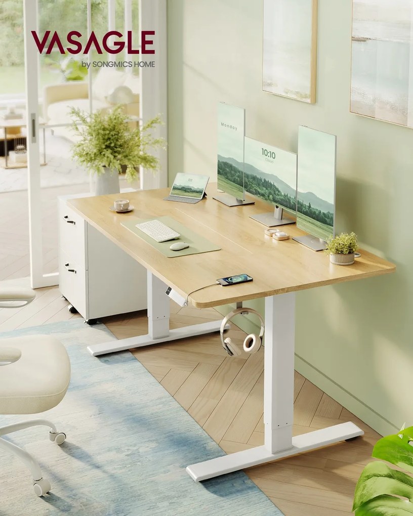 Secretária elétrica 140 x 80 x (72-120) cm com altura ajustável, porta USB e função de memória, bege e branca