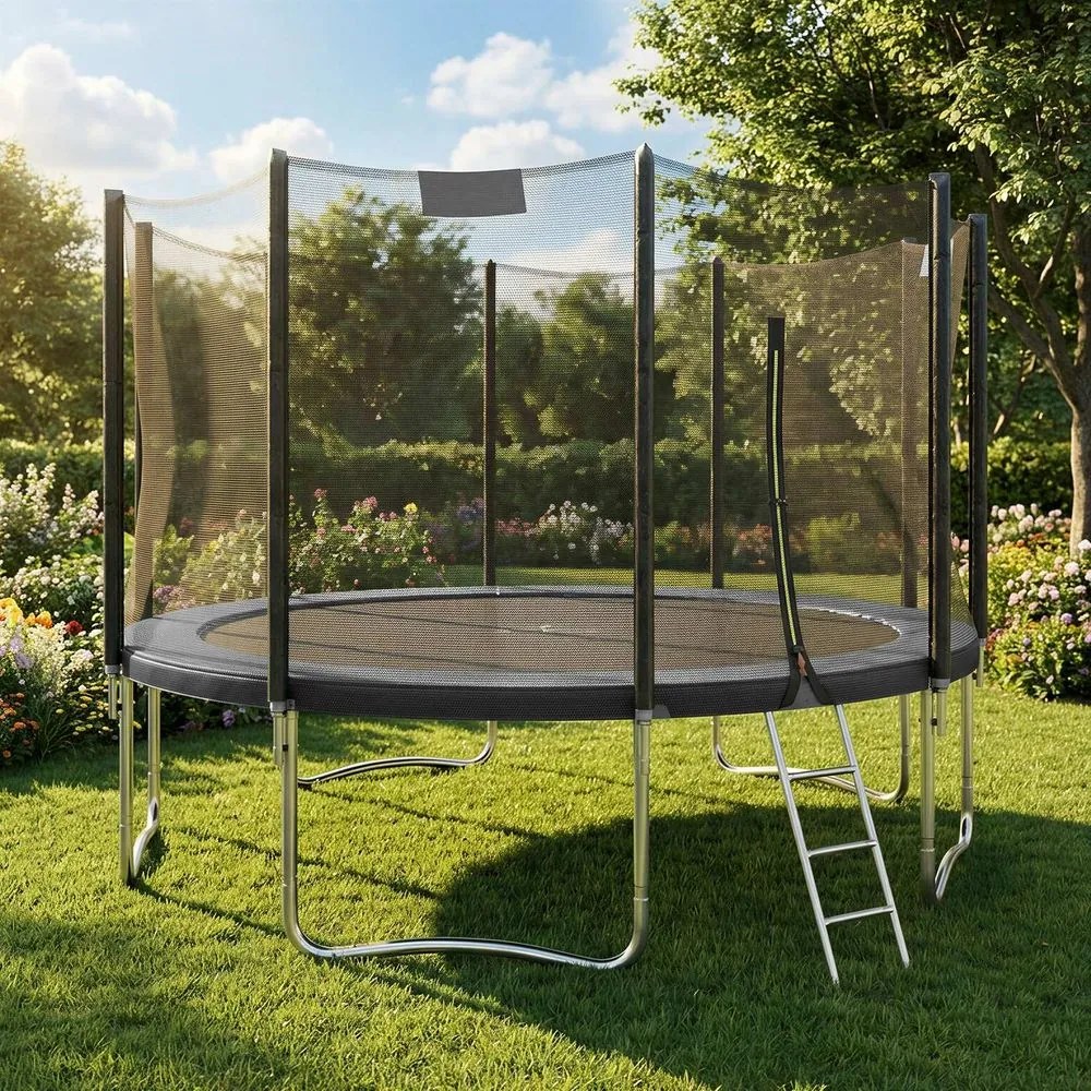 Trampolim de 427 cm com rede de segurança e varas retas e escada, preto