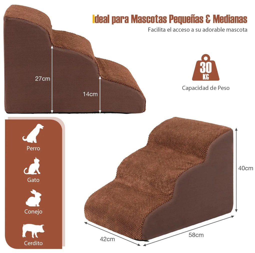Rampa de espuma para cães de 3 níveis com cobertura lavável para sofás-cama altos 58 x 42 x 40 cm Castanho