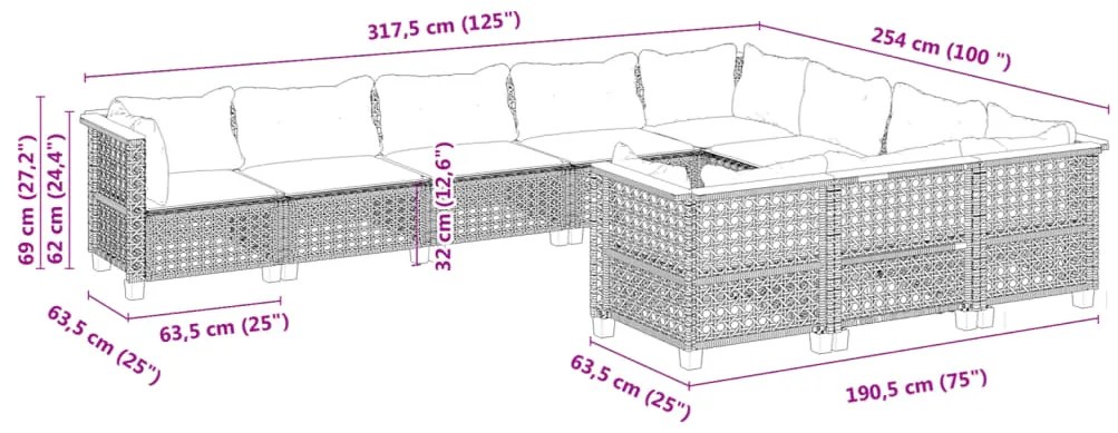 10 pcs conjunto sofás de jardim c/ almofadões vime PE cinzento