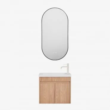 Conjunto De Móvel De Casa De Banho Suspenso Em Madeira Com Lavatório Integrado Narek Castanho Fresno & Ovale Led E Antifog Preto 50x100 Cm - Sklum