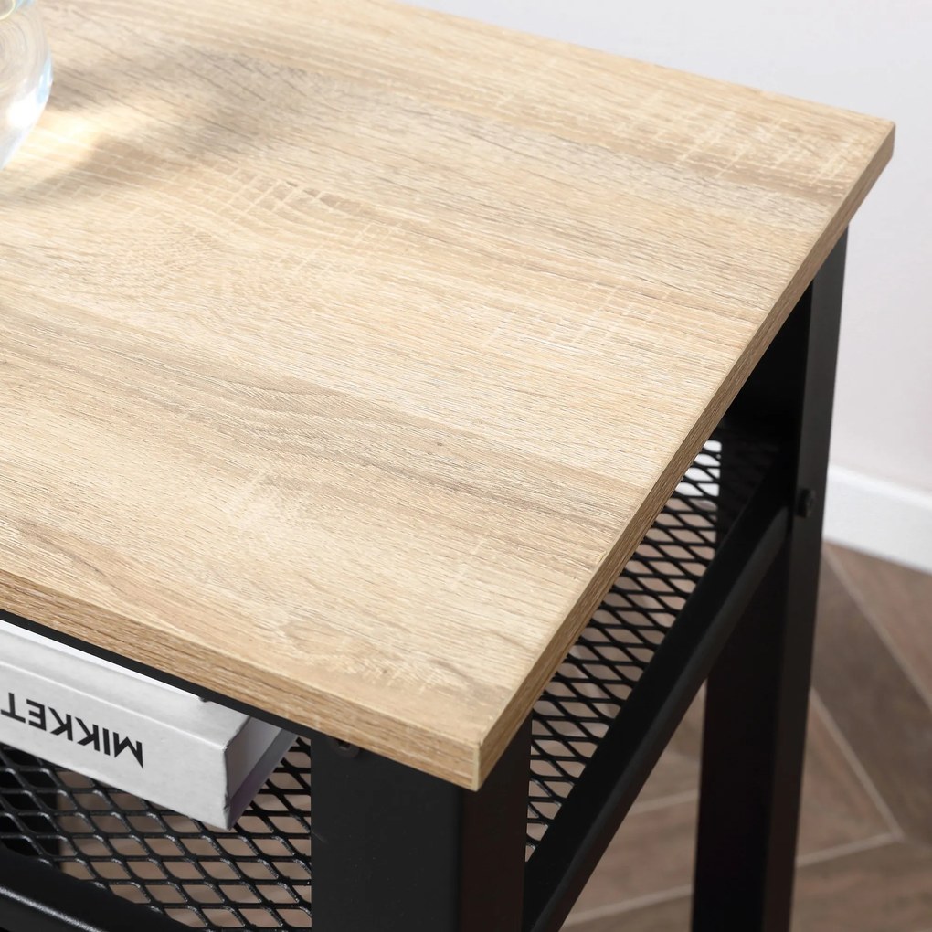 Mesa Auxiliar Mesa de Cabeceira Estilo Industrial com 2 Prateleiras de Grade de Metal e Pés Ajustáveis 45x35x75cm Carvalho e Branco