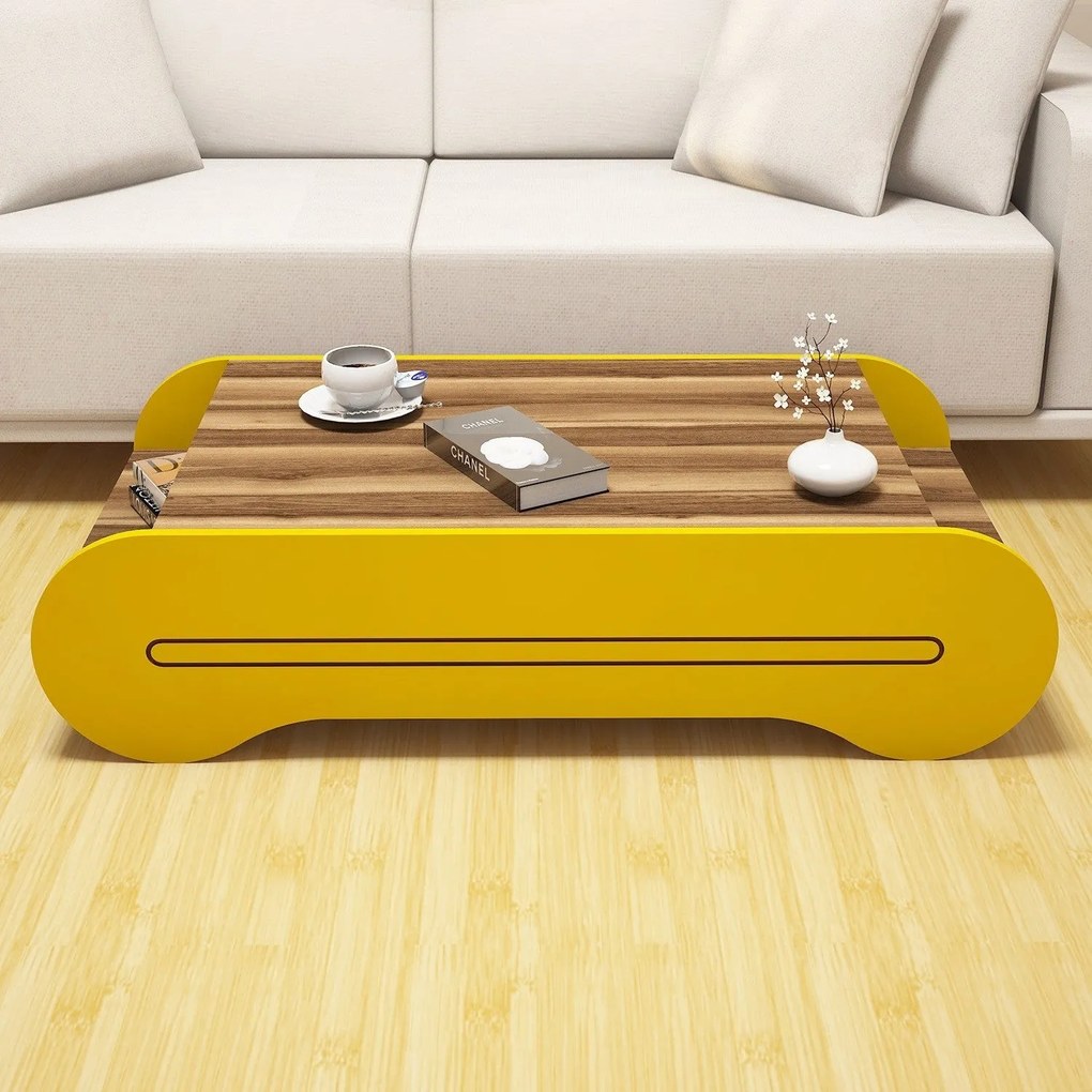 Mesa de Centro Cool – Nogueira e Amarelo – 120x30x63,6 cm